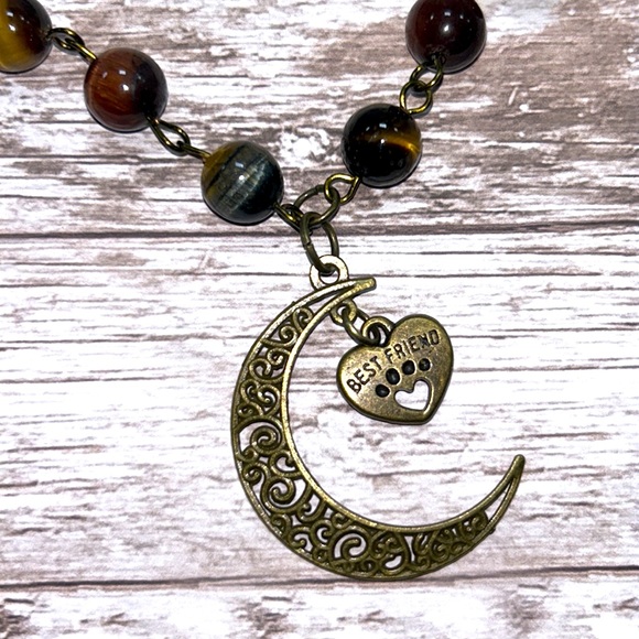 Handmade Crescent Moon & Paw Print Heart Necklace with Natural Tiger Eye Stones! - Picture 2 of 10